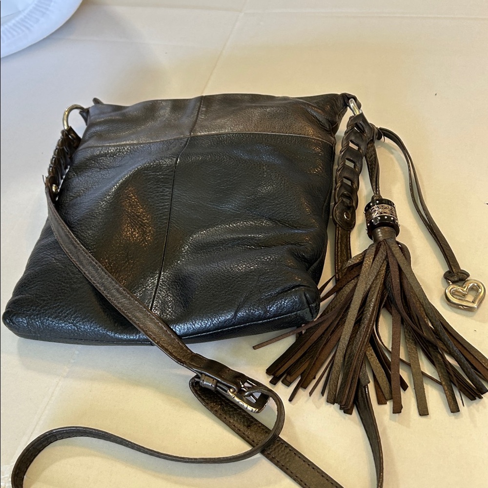 BRIGHTON  BLACK BROWN  LEATHER WITH BRAIDED STRAP & TASSLE DETAIL CROSSBODY BAG - Picture 10 of 12